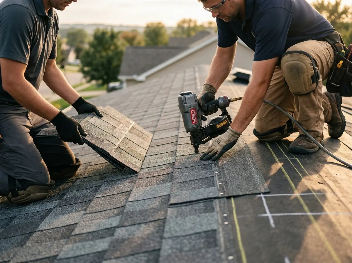 Professional roofer working on a residential roof in Volo